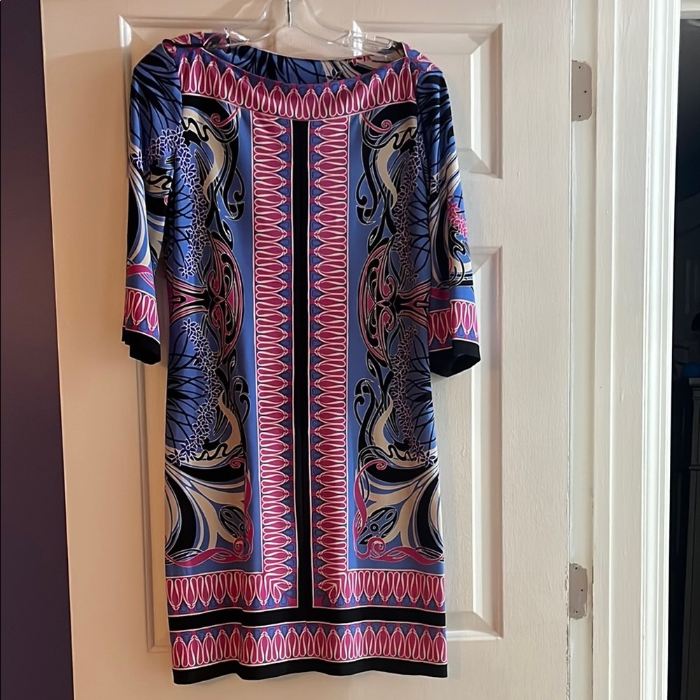 Elegant Blue and Pink Patterned Dress